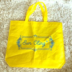 Sun cling yellow blue words tote beach shopper bag